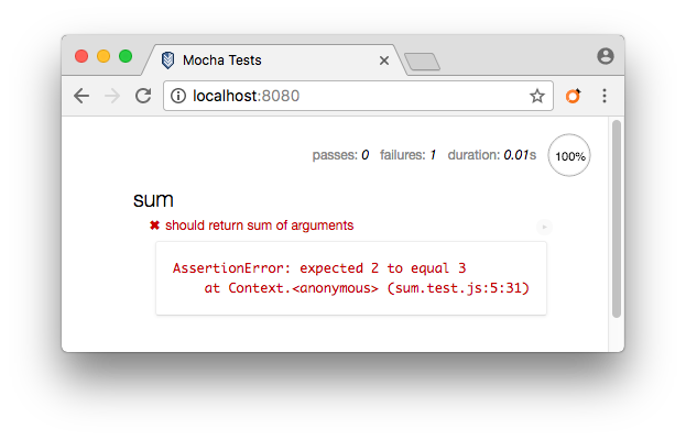 Mocha automated Unit testing in browser. Error message.